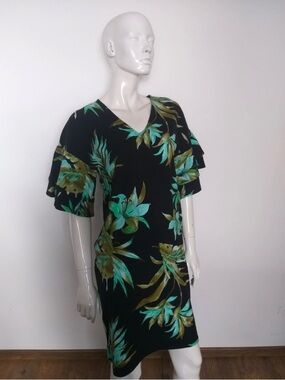 Lauren Ralph Lauren Black V-Neck Shirt with Green and Teal Floral Print